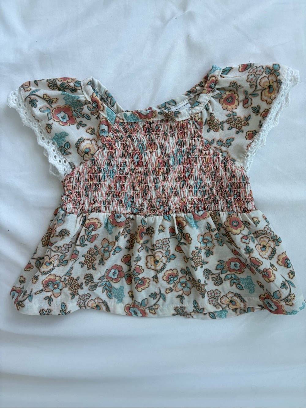 Daisy Fuentes Cream Floral Smocked Baby Top with Coral and Teal Details